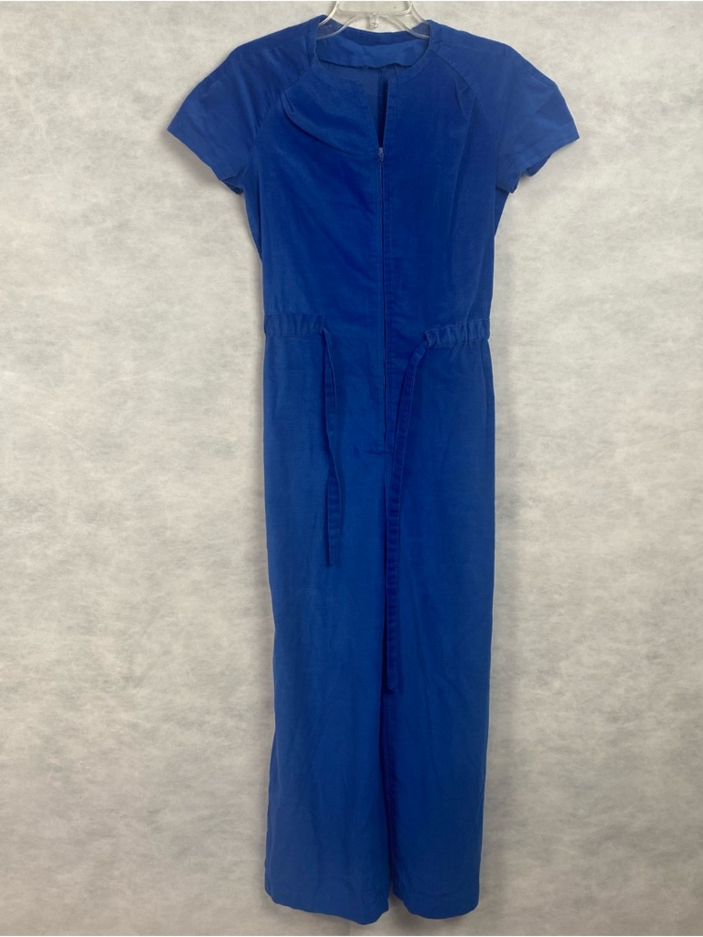 Vtg Unbranded Jumpsuit Small Blue Wide Leg Short Slv Zip Drawstring Waist Flaw